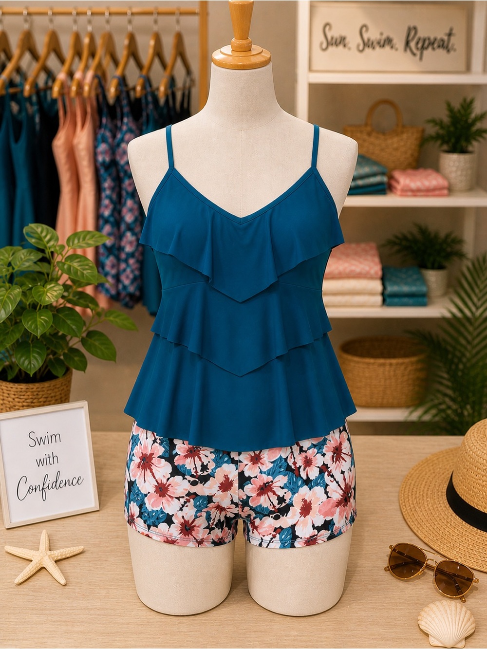 Teal American Trends 2 Pc Tankini, Size L, NWOT